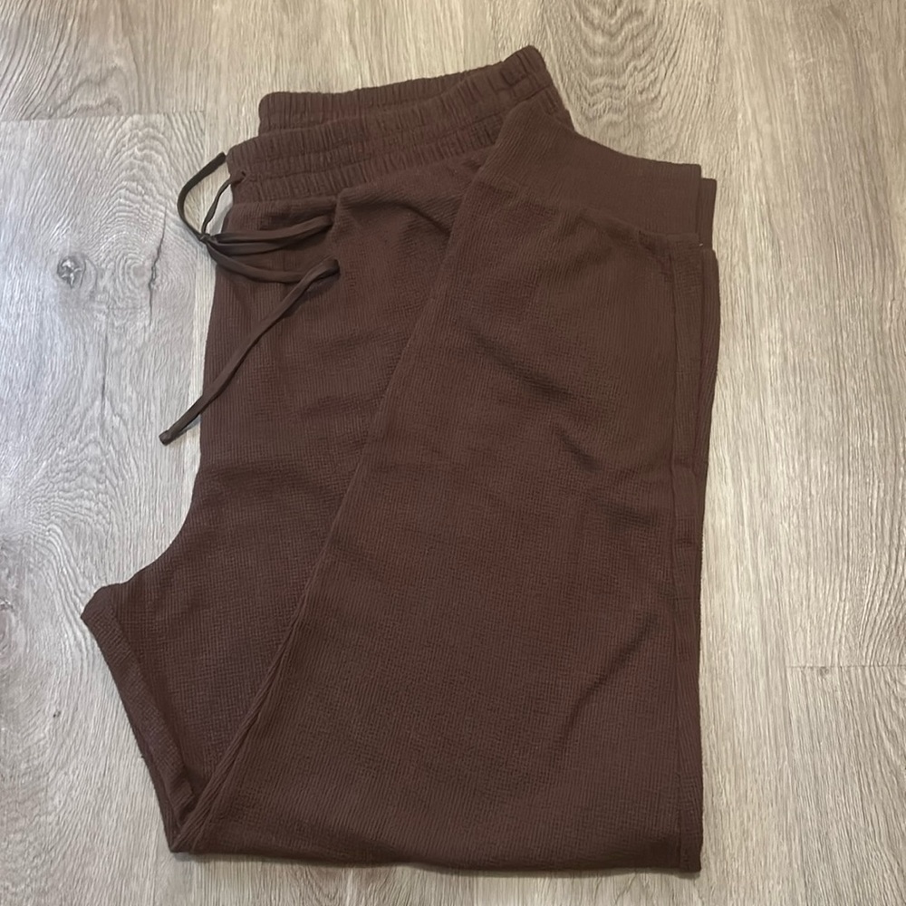 Victoria's Secret Large Thermal Brown Long Pajama Waffle Knit Jogger Crop PJ Set
